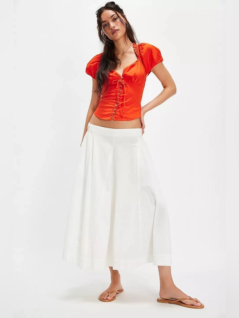 NWOT Free People Summer Fitted Sweetheart Neck Short Sleeve Orange Button Top